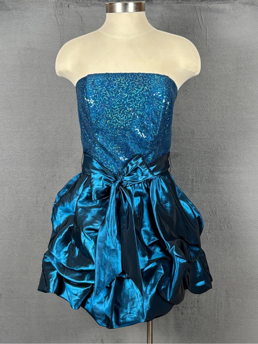 Jessica McClintock Teal Sequin Strapless Bubble Dress